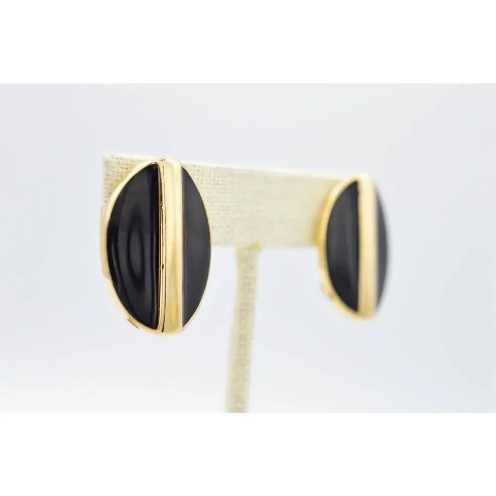 Swarovski Vintage Clip On Earrings Gold Black Enamel Chunky D.S. Co Signed BinAB